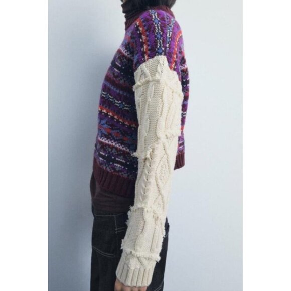 Zara Womens Oversized Contrasting Knit Jacquard Sweater Purple Beige Size S - Picture 2 of 10